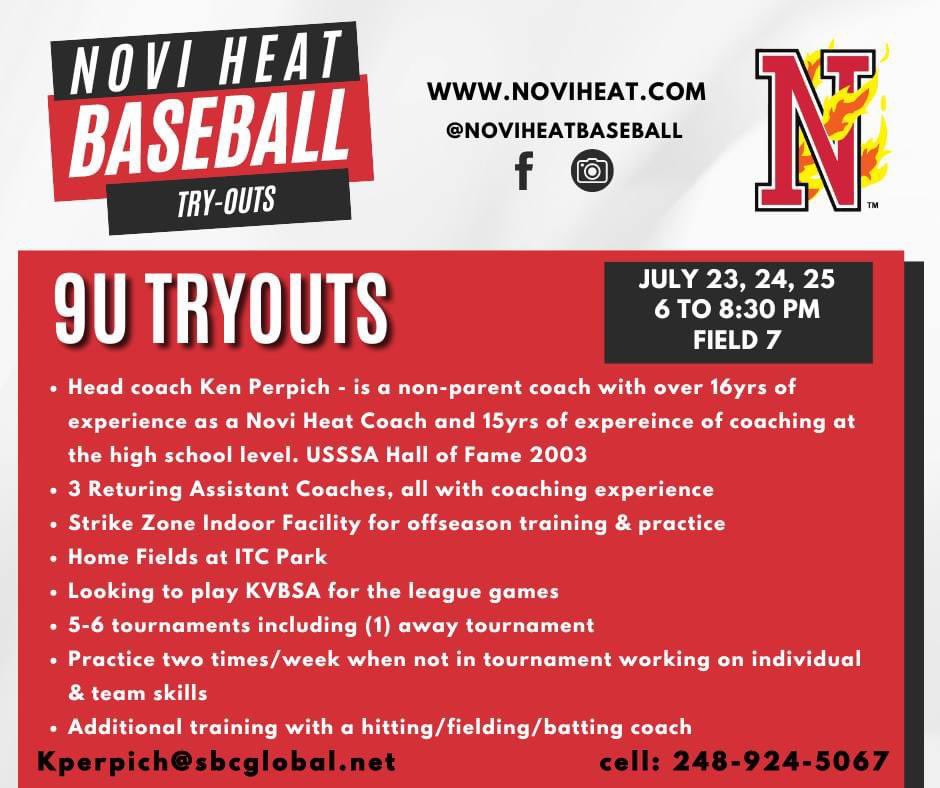 Novi Heat Baseball (@noviheat) on Twitter photo ⚾9U Tryouts⚾
Novi Heat 9U is holding tryouts for the 2025 season on July 23-35th! Head Coach Ken Perpich is a non-parent with many years of coaching experience in the Novi Heat Organization as well as at the high school level. 
Register Now!
leaguelineup.com/formpreview.as… ⚾9U Tryouts⚾
Novi Heat 9U is holding tryouts for the 2025 season on July 23-35th! Head Coach Ken Perpich is a non-parent with many years of coaching experience in the Novi Heat Organization as well as at the high school level. 
Register Now!
leaguelineup.com/formpreview.as…