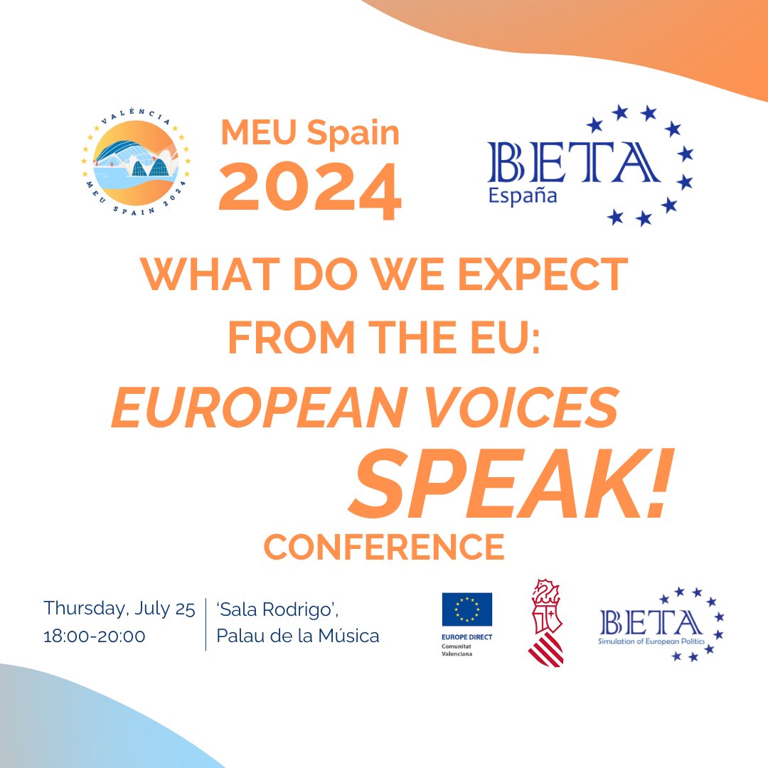 MEUSpain's tweet photo. Join our conference WHAT DO WE EXPECT FROM THE EU: EUROPEAN VOICES SPEAK!🇪🇺

We will discuss about the future of the EU along with Valencian regional authorities and young people from different branches of the pan-European youth association BETA. 

🧡Link to register below!⬇️ https://t.co/Hu9fW53eGa