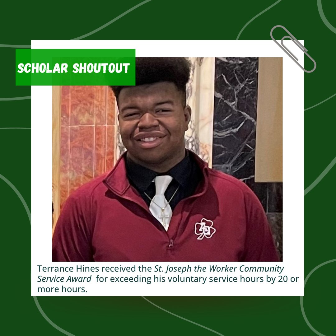 Cfkfoundation's tweet photo. Today our #ScholarShoutout goes to Terrance Hines, who received the Saint Joseph the Worker Community Service Award for exceeding his #volunteer service hours by 20 or more hours. Hines represents what the #CFKFoundation stands for, strengthening and giving back to #communities. https://t.co/CUccxdt08W