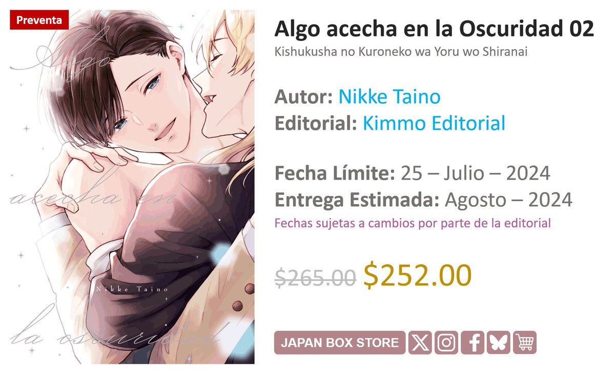 JapanBoxStore's tweet photo. [ Preventa ] Algo acecha en la Oscuridad 02 ✨
👤 #NikkeTaino
📚 #KimmoEditorial

📅 Fecha Límite: 25 - Julio - 2024
🛒 Tienda en línea: https://t.co/5YJQaVcIho
📦 Envíos a toda la República Mexicana

#Manga #BoysLove #BL #Yaoi #MangaMéxico https://t.co/IqIiW75KG0