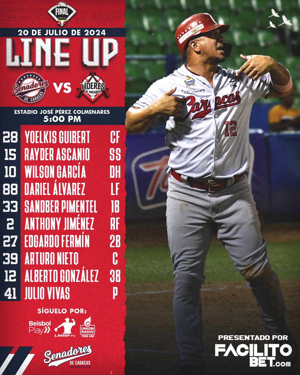 senadores_bbc's tweet photo. ✅ ¡Line Up para el juego 5! 👏

🔥🏛 ¡VAMOS! 🏛️🔥

📅: 20 de Julio
🆚: @Lideres_BBC
📍: Maracay
🕓: 5 PM
🎟️: Entrada GRATIS
#️⃣: #EsteEsMiEquipo 🏛️
📺: @beisbolplaycom / LMBP tv (YouTube)
📻: @unionradionet 1090 AM

#CaracasEsCaracas 🦜 #VamosPorMás 🔥 https://t.co/fWKhuqn3Bz