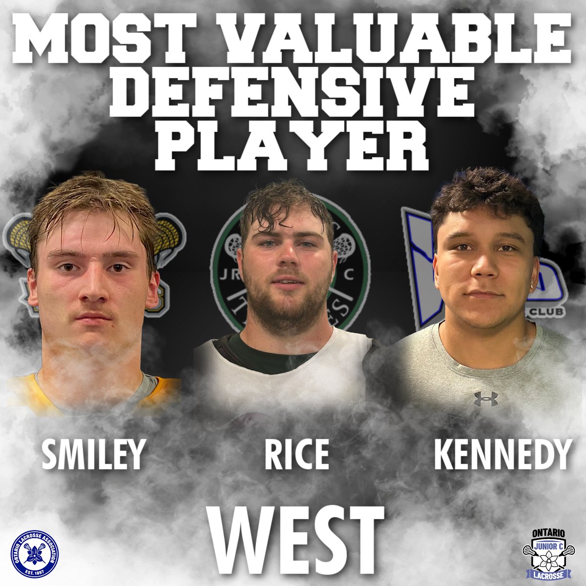 OJCLL's tweet photo. The OJCLL hands out awards for each Conference's top performers in six categories each year.

In the West, our three finalists for Defensive Player of the Year are:

Jackson Smiley, Brantford Warriors
Brodie Rice, Fergus Thistles
Layakwas Kennedy, Wilmot Wild https://t.co/znojO3Q1hg