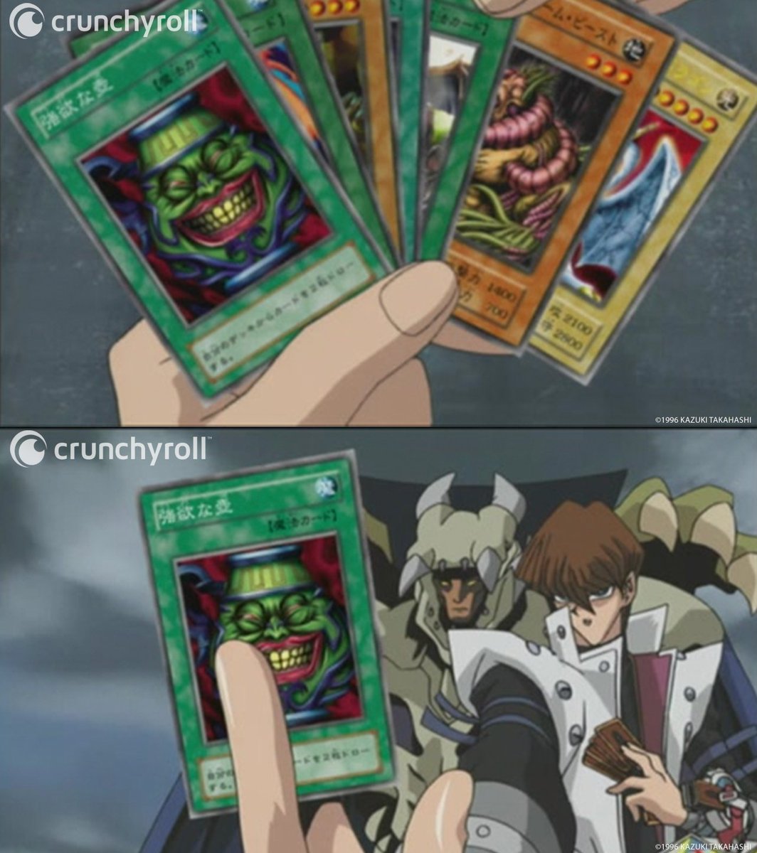 Crunchyroll's tweet photo. "I summon Pot of Greed to draw 3 additional cards from my deck!" ☝️ (via Yu-Gi-Oh!) https://t.co/PJJZMAoozb