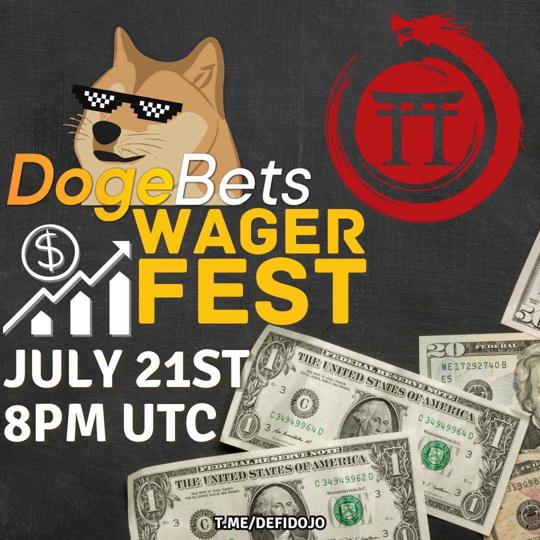 🥋HEY DOGEBETS FAM!🥋
🔥We're heading to the <a href="/defidojo_/">The DeFi Dojo</a>  for another WagerFest! Join us for the showcase of ourDogeBets Bot, epic fun and a chance to win big without spending a dime!💰

🗓Date: July 21st
🕗Time: 8 PM UTC
📍Venue: t.me/defidojo

#DogeBets #DefiDojo #Win