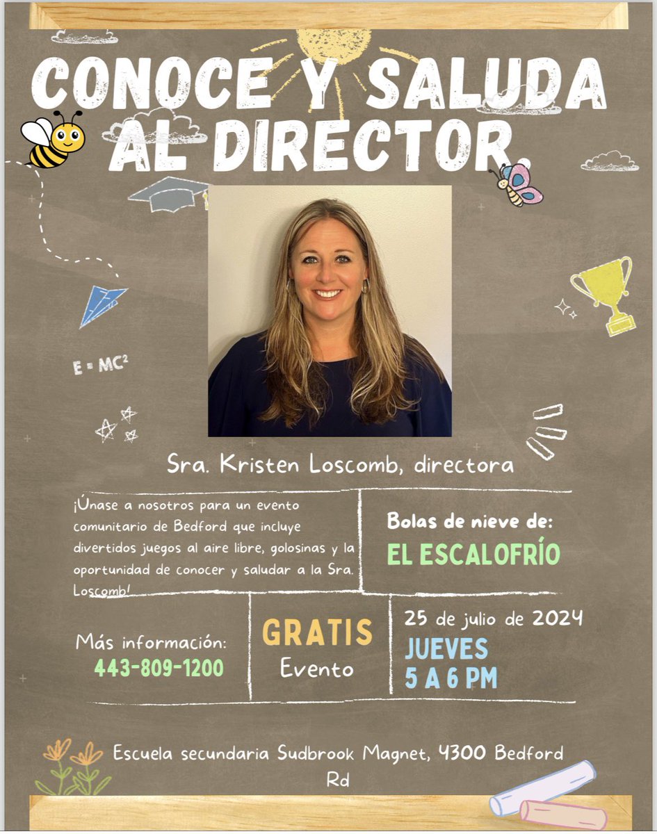 Hey Bedford…come meet our new Principal Mrs. Loscomb this Thursday from 5-6 at Sudbrook. Bonus…enjoy a yummy snowball as well! <a href="/sueweese/">Suzanne DeWeese</a> <a href="/ALouise1913/">Adrienne Louise Morrow</a> <a href="/RJones_8/">Racquel Jones, Ed.D.</a>