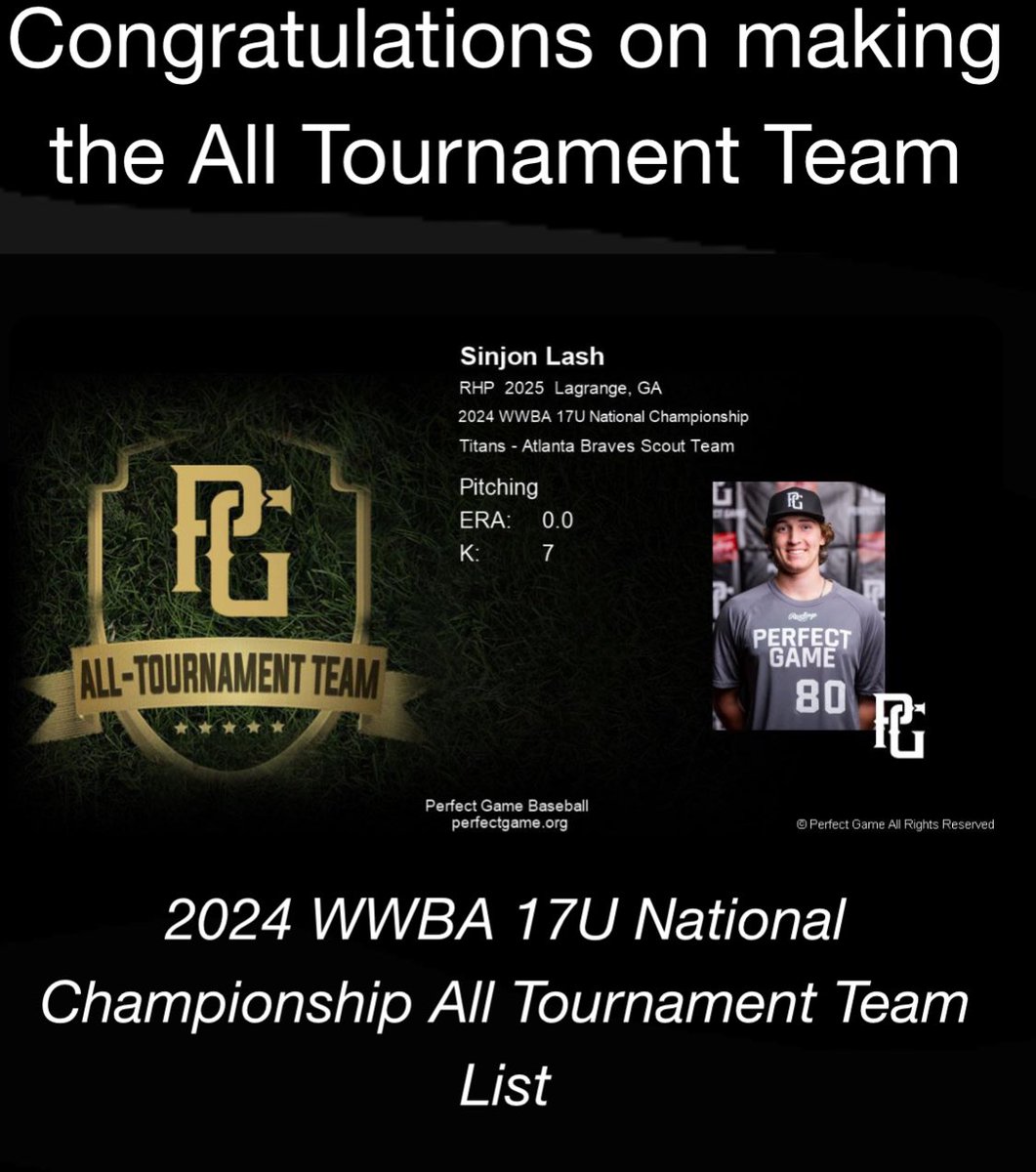 sinjonlash's tweet photo. What a finish for the 2024 summer… Another All Tourney Team.. big thanks to @CashPinson for catching me! 
Thanks @Coach_J_Barnett and @1TitansNation for the start.

Sinjon Lash - All Tournament Team Certificate (Pitching) Perfect Game Baseball WWBA 17U National Championship! @NavyBaseball @ristano23 @APac2011 @TimReilly42 @jkane44 @ctalford9