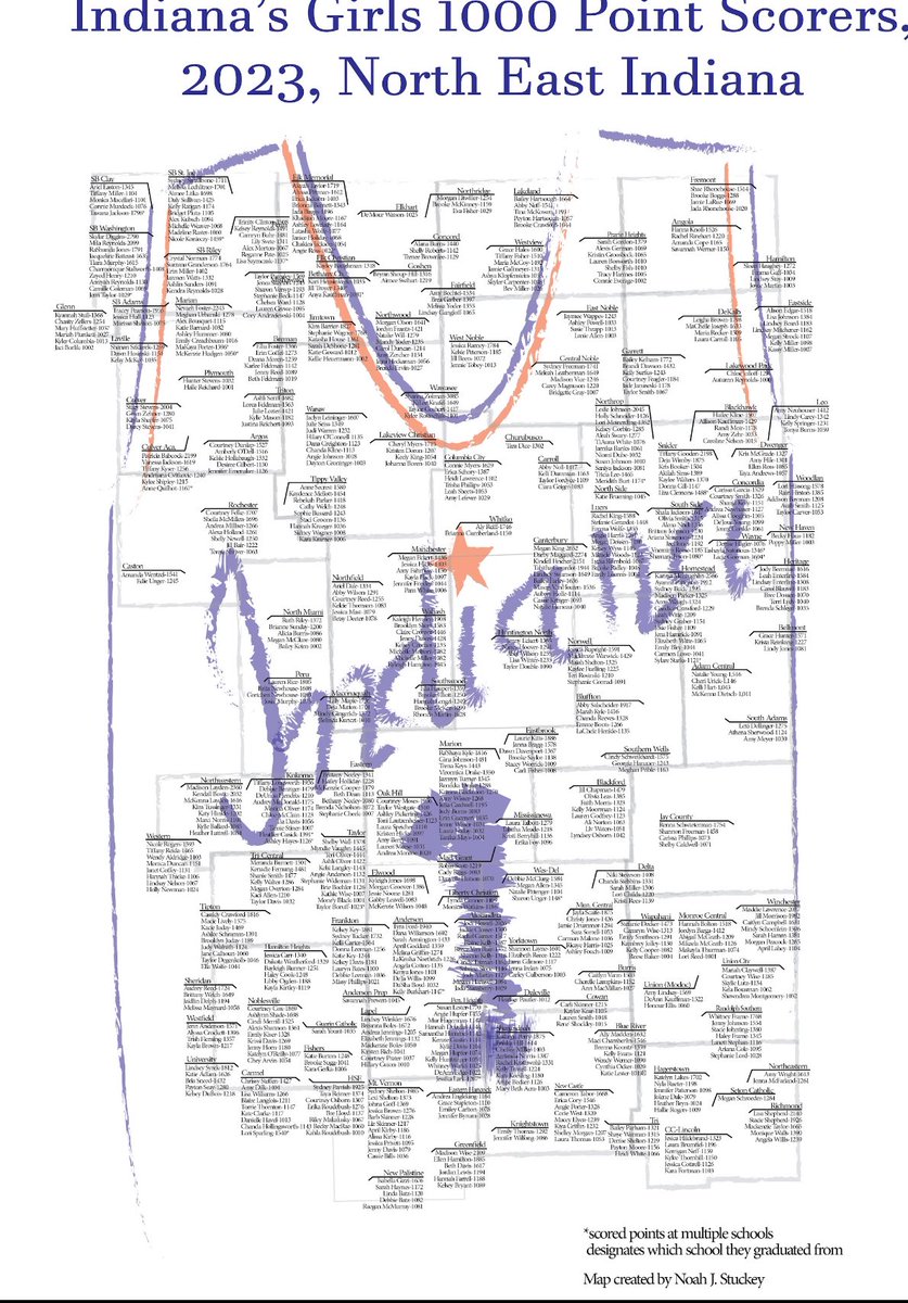 Indiana Girls 1000 pt scorer map!  All 407 schools will be on 1 map when we print the final, but wanted to send this out so you can DM me any corrections or additions before we send off. Northeast map is up to 2023(no 2024 season)<a href="/IHSAA1/">IHSAA</a> <a href="/HickoryHusker/">Leigh Evans</a>