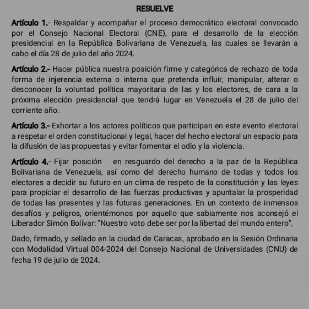 #Comunicado|| Desde el  Consejo Nacional de Universidades  #CNU ante el proceso electoral presidencial convocado por el Consejo Nacional Electoral para el próximo domingo 28 de julio. 

#VenezuelaPintaBonito

<a href="/NicolasMaduro/">Nicolás Maduro</a> <a href="/delcyrodriguezv/">Delcy Rodríguez</a>  <a href="/sandraoblitasr/">Sandra Oblitas Ruzza</a> <a href="/AlvaradoC_Salud/">Carlos Alvarado</a>