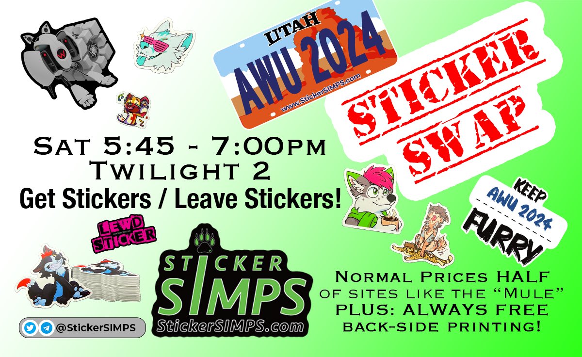 Don’t forget our #AWU2024 sticker panel, “Get Gticky,” today at 5:00, followed by our STICKER SWAP at 5:45! 

#Furry #Stickers #CustomStickers #StickerSwap <a href="/AnthroWeekendUT/">Anthro Weekend Utah</a>