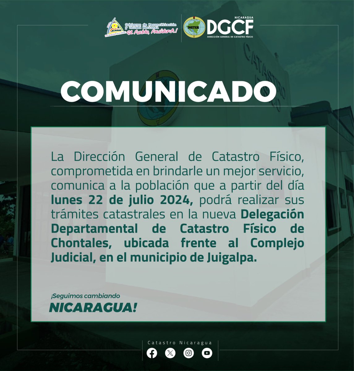 #Nicaragua ⚠️⚠️ ¡Excelentes noticias para nuestro pueblo!. A partir de este lunes 22 de julio 2024, iniciamos la atención en el nuevo edificio 🏢de la Delegación Departamental de Catastro Físico de Chontales. #4519LapatriaLaRevolución #CatastroNicaragua