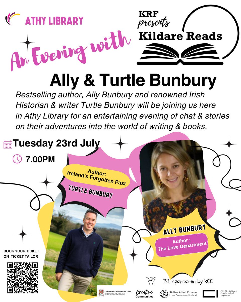 Kildare Readers Festival (@kildarereaders) on Twitter photo Supported by Kildare <a href="/creativeirl/">Creative Ireland</a> join bestselling author <a href="/allybunbury/">Ally Bunbury</a> & renowned Irish historian/writer <a href="/turtlebunbury/">Turtle Bunbury</a> for an evening of chats about their writing and books.
ISL interpreted event.
⛪️Athy Community Library
📅 Tuesday, 23 July
🕖 7pm
💶 Free
#KildareReads Supported by Kildare <a href="/creativeirl/">Creative Ireland</a> join bestselling author <a href="/allybunbury/">Ally Bunbury</a> & renowned Irish historian/writer <a href="/turtlebunbury/">Turtle Bunbury</a> for an evening of chats about their writing and books.
ISL interpreted event.
⛪️Athy Community Library
📅 Tuesday, 23 July
🕖 7pm
💶 Free
#KildareReads