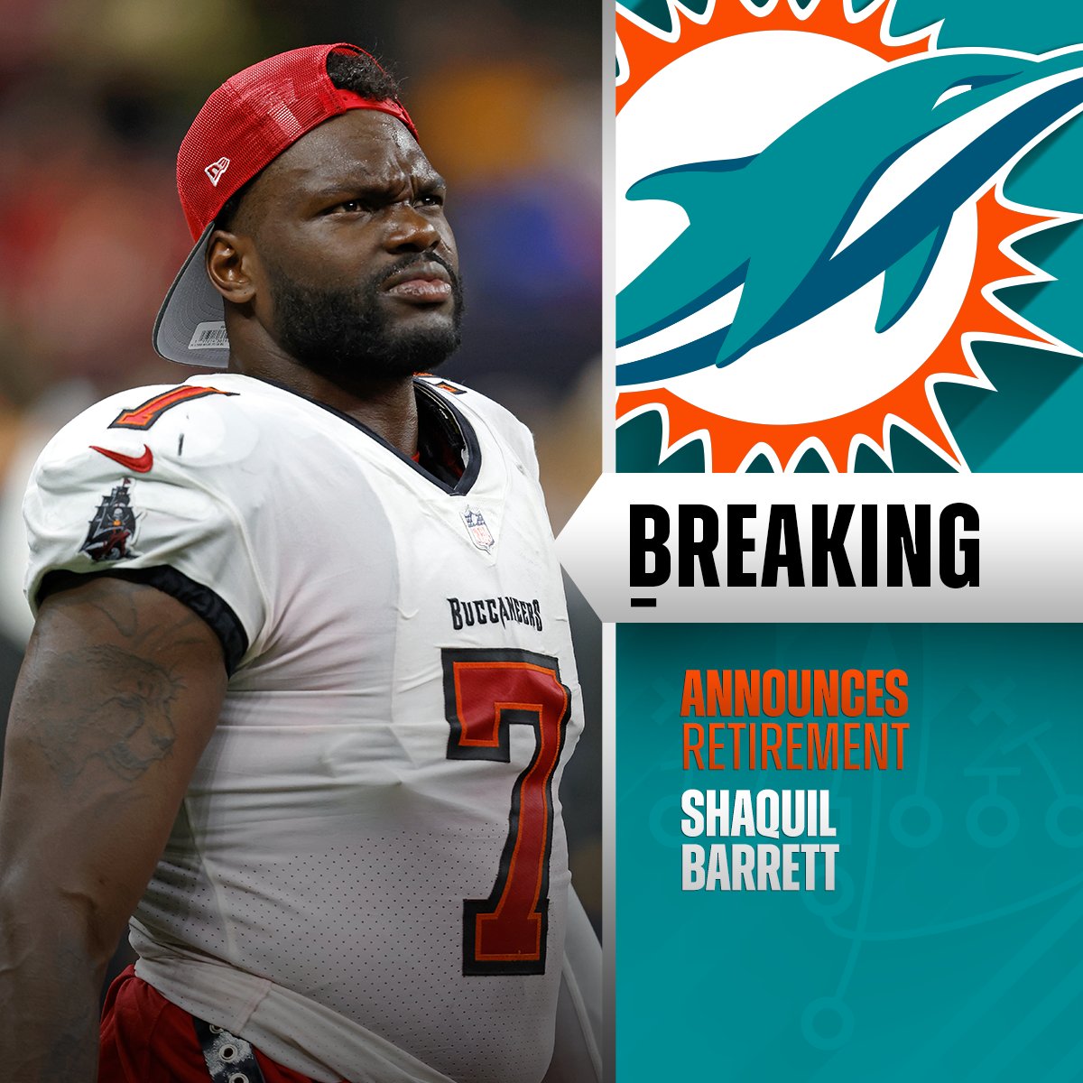 NFL's tweet photo. Dolphins LB Shaquil Barrett announces his retirement. https://t.co/qRF3RPNDnM