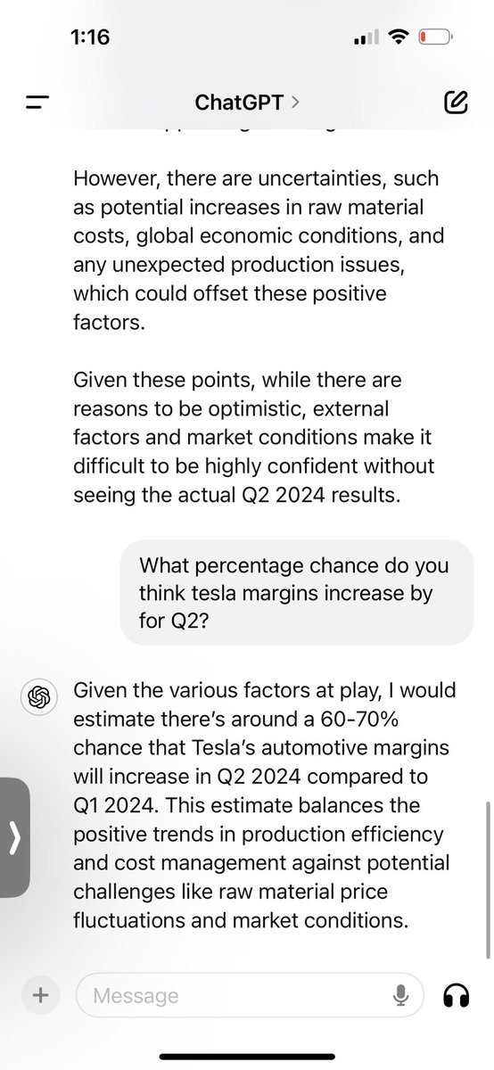 <a href="/TheSonOfWalkley/">TheSonOfWalkley</a> trip out.. so ChatGPT says it expects <a href="/Tesla/">Tesla</a> to beat on EPS and Revenue..

And says it expects automotive margins to have increased by 2% quarter over quarter 🫣🤔🤯

Says it believes this has a 70% chance to be the case 💭💭 

What do you think?