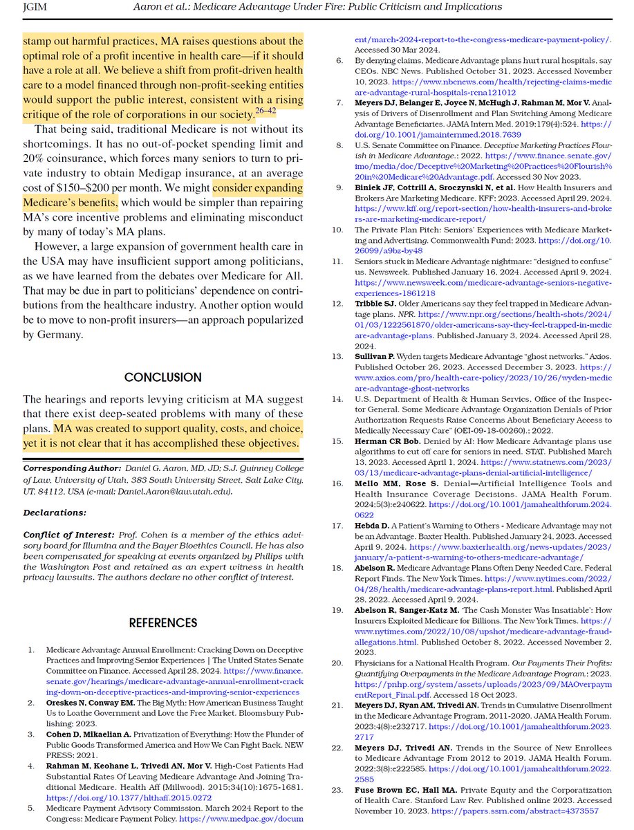 Daniel G. Aaron, MD, JD (@medlawdan) on Twitter photo With Medicare/Social Security trending, it’s time to announce my new article with <a href="/CohenProf/">I. Glenn Cohen</a> <a href="/eadashi/">Eli Adashi</a> in <a href="/JournalGIM/">JGIM Journal of General Internal Medicine</a>. We discuss criticism of Medicare Advantage—the privatized, corporatized version of Medicare (healthcare for people 65+).
THREAD 🧵(1/9)
link.springer.com/article/10.100… With Medicare/Social Security trending, it’s time to announce my new article with <a href="/CohenProf/">I. Glenn Cohen</a> <a href="/eadashi/">Eli Adashi</a> in <a href="/JournalGIM/">JGIM Journal of General Internal Medicine</a>. We discuss criticism of Medicare Advantage—the privatized, corporatized version of Medicare (healthcare for people 65+).
THREAD 🧵(1/9)
link.springer.com/article/10.100…