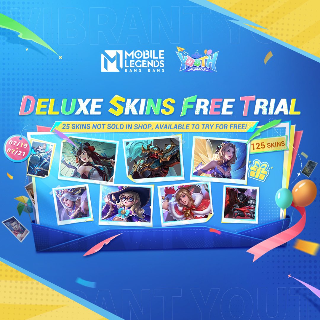 MLBB_NA's tweet photo. From 07/19 to 07/21, Deluxe Skins FREE Trial will be available!

You can try out 125 Skins in-game, including 25 EPIC Skins not sold in Shop such as Chou "Dragon Boy" and Odette "Mermaid Princess". Try them out for FREE during matches!

#MobileLegendsBangBang
#MLBBYouthFair #MLBB https://t.co/c0NJwIDFGD
