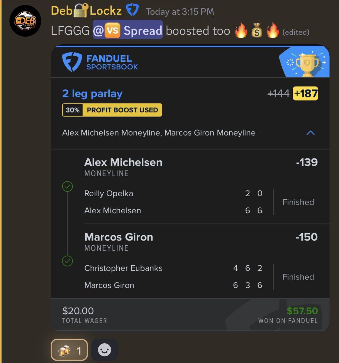 MeVsSpread's tweet image. Easy dub for @BMP_Discord today 🚀🚀

From our VIPs to our Patrons, we’re a real community over here. Love this place 🍻

Let’s gooooo 🔥

#GamblingX #InfosysHallOfFameOpen 🎾