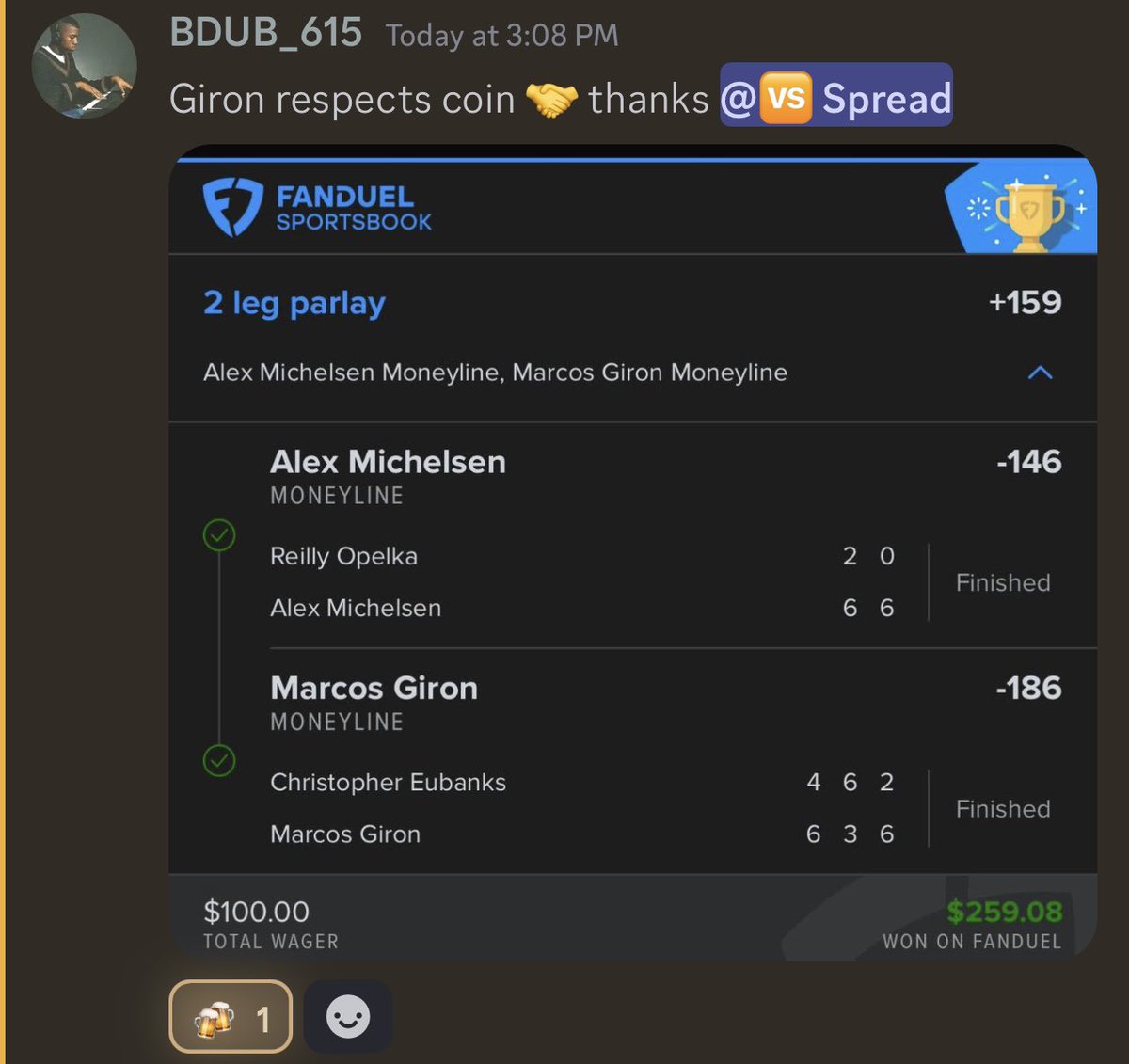 MeVsSpread's tweet image. Easy dub for @BMP_Discord today 🚀🚀

From our VIPs to our Patrons, we’re a real community over here. Love this place 🍻

Let’s gooooo 🔥

#GamblingX #InfosysHallOfFameOpen 🎾