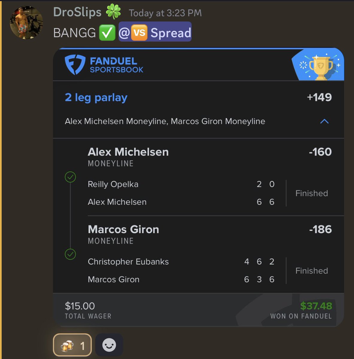 MeVsSpread's tweet image. Easy dub for @BMP_Discord today 🚀🚀

From our VIPs to our Patrons, we’re a real community over here. Love this place 🍻

Let’s gooooo 🔥

#GamblingX #InfosysHallOfFameOpen 🎾