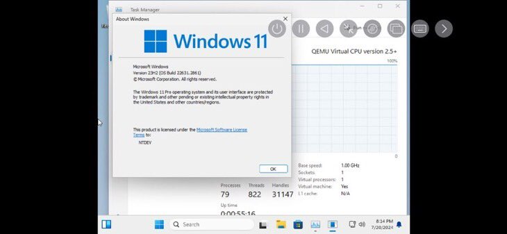 NTDEV_'s tweet photo. Behold, probably the very first instance of Windows 11 (in form of tiny11 core) on UTM SE. 
It is TERRIBLY slow, booting in about 20 minutes, but nonetheless, it's still Windows 11 on an iPhone 15 Pro! https://t.co/Iyr5Txy8uh