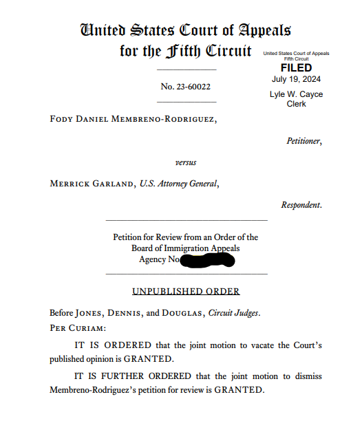 HunkerPBIII's tweet photo. I am happy to report that the Fifth Circuit just vacated its published decision in Membreno-Rodriguez v. Garland!

Membreno basically held that noncitizens inadmissible under INA § 212(a)(7) at the time they sought admission were ineligible for adjustment of status, even if they were subsequently paroled.  This holding was inconsistent with INA § 245(a) and inconsistent with over 60 years of INS and USCIS practice.  Relatedly, Membreno suggested that if a noncitizen’s period of parole ended, they were no longer paroled for purposes of adjustment of status.

The rationale of Membreno would also have created significant adjustment eligibility issues for noncitizen spouse recipients of parole in place.

It was a pleasure and honor to work with John Bray and Robert Urenda on the petition for rehearing en banc. This led the Fifth Circuit to stay the issuance of the mandate. The parties then filed a joint motion to vacate Membreno, and the Fifth Circuit quickly granted it.