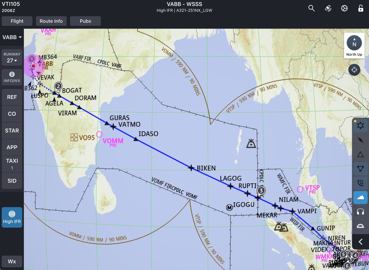tweetpratikm's tweet photo. EDTO departure to Singapore today early morning. Flying #VTTVF with a fuel uplift of 19.7tons and a flying time of 5hrs 03mins. Covering a distance of 2195nm @ FL300, Mach.78. Thankfully will be avoiding most of the weather across the BoB due to a southerly routing. #vistara #airbus #a321Neo #lifeontheramp #cfm #leap1a #EDTO #UK105