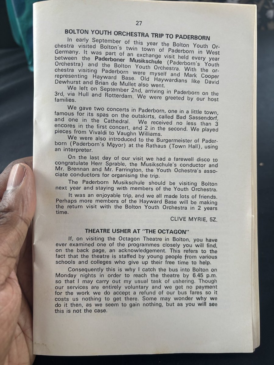 CliveMyrieBBC's tweet photo. This must be my first published piece of journalism! I was in class 5Z, so aged 15ish. My sister Judith was on the editorial board( it’s who you know!!) We toured Holland too and played Handel’s Music for Royal Fireworks. ⁦Happy days on the fiddle!! @bbcproms⁩ #FNOTP 2/2 https://t.co/OVKkHIkUtv
