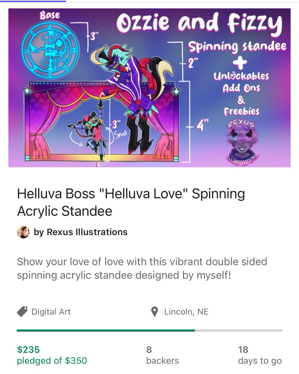 RooReady's tweet photo. 67% and 8 days to go! I only need 4 backers at tier 2 to get to 100%! (You get the spinning acrylic stand, and the exclusive stickers!) 

Please Share! 

https://t.co/IpME5RlkmT

#Kickstarter #HelluvaBoss #acrylicstand #crowdfunding #HelluvaBossFanart #Fizzarolli #Asmodeus https://t.co/9cB60xVTIU