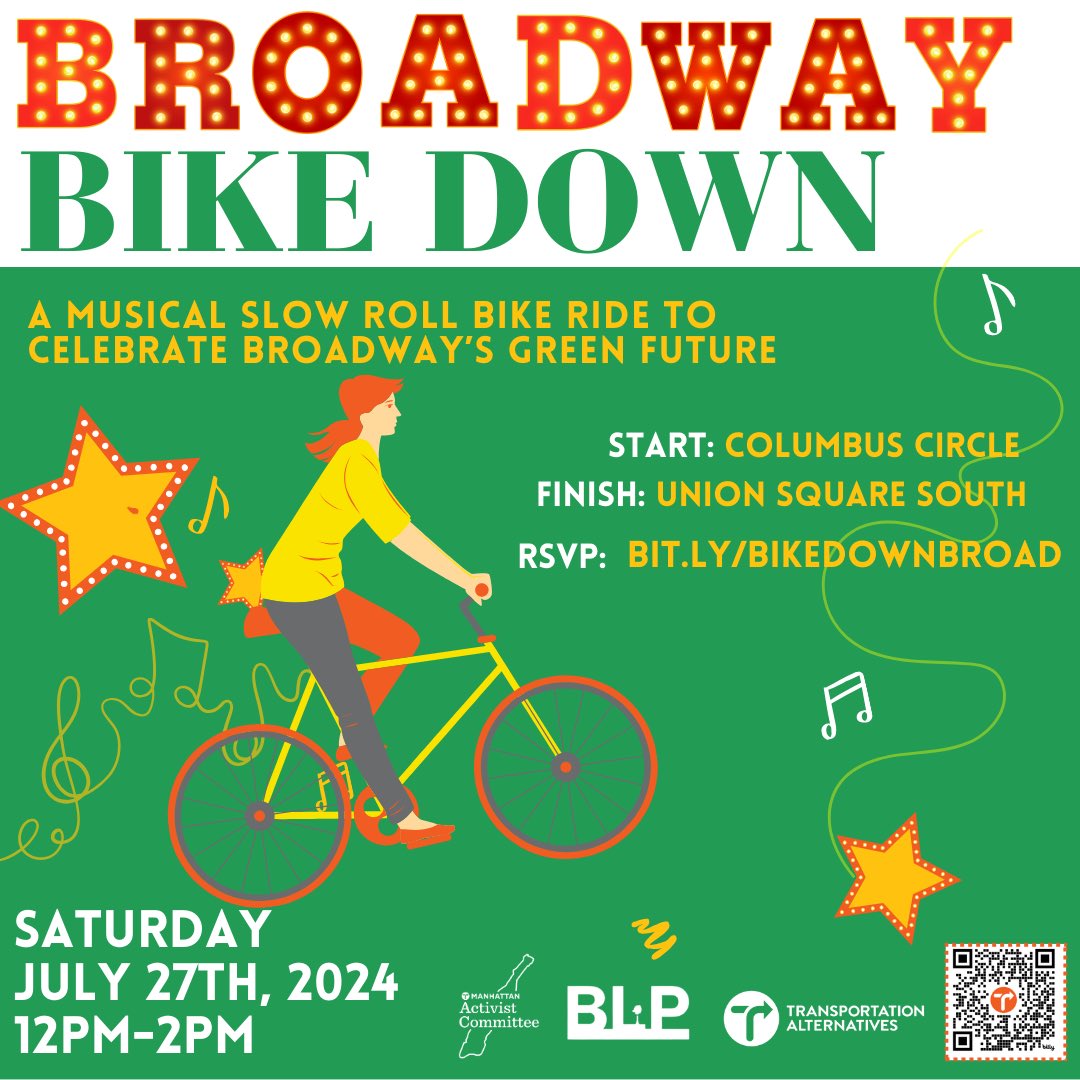Next Saturday at noon, join us for a very different kind of bike ride. It’s a free musical experience with sound, song, and some performances on bike and off! See DOT’s improvements on Broadway and envision how good it can be without cars 

RSVP here:
mobilize.us/transalt/event…