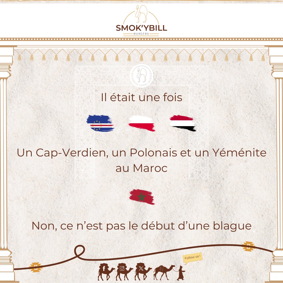 KAMELITO_MILK's tweet photo. 🐪🇲🇦 « @SMOKYBlLL » : Vous la connaissez cette histoire❓
📖 Il était une fois un Cap-Verdien 🇨🇻 , un Polonais 🇵🇱 et un Yéménite 🇾🇪 au Maroc 🇲🇦…
🚨🔜 OUVERTURE BIENTÔT 🤲
🇲🇦🇺🇳🌍🐪🦙🐫2️⃣0️⃣2️⃣4️⃣
#SMOKYBILL #marrakech #مراكش #maroc #morocco #المغرب #camelmeat #camelburger #camelccino #حليب_الإبل #healthyfood #chameau #laitdechamelle #coffee #gueliz #camelcheese #camelcoffee #IYC2024 #YearOfCamelids #camelmilk #camel #عام_الإبل_2024 #annéedescamélidés #camelife #AnnéeInternationaleDesCamélidés #humpday #السنة_الدولية_للإبل