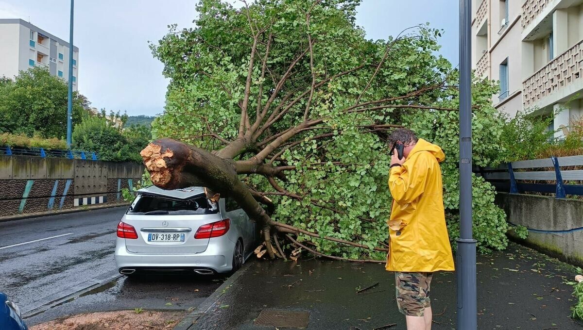icipaysauvergne's tweet photo. Ce samedi, alors que Météo France avait placé une partie de l'Auvergne en vigilance orange aux orages, les intempéries ont fait plusieurs dégâts. Des arbres sont tombés sur les routes et un échafaudage s'est même effondré à Clermont-Ferrand ⛈️⚠️
➡️ https://t.co/I1C3FMR5fX https://t.co/dsmXkmozRv