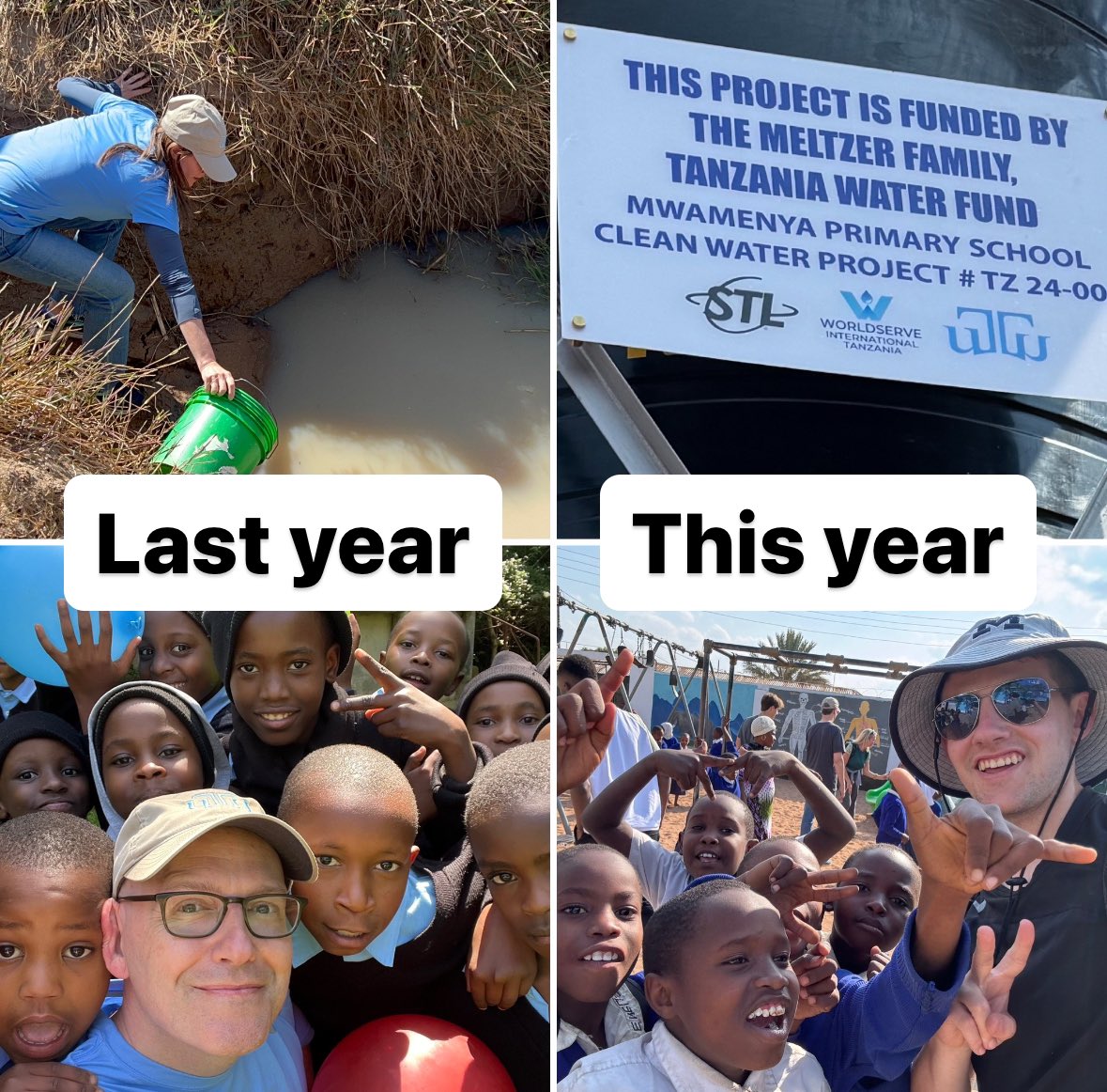 bradmeltzer's tweet photo. A year ago, my wife, daughter, and I volunteered in Tanzania, at a small school that pulled their water from a ditch. Today, my son cut the ribbon after we helped fund a well that now brings clean water and fresh irrigation. Wouldn’t be possible without the Foot Forward Fund… https://t.co/W67UgYI4H2