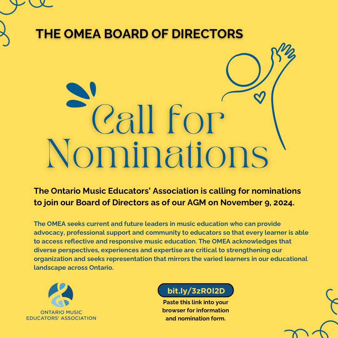 The Ontario Music Educators’ Association is calling for nominations to join our Board of Directors - AGM on November 9, 2024. 

Seeking current and future leaders in music education. bit.ly/3zR0l2D
