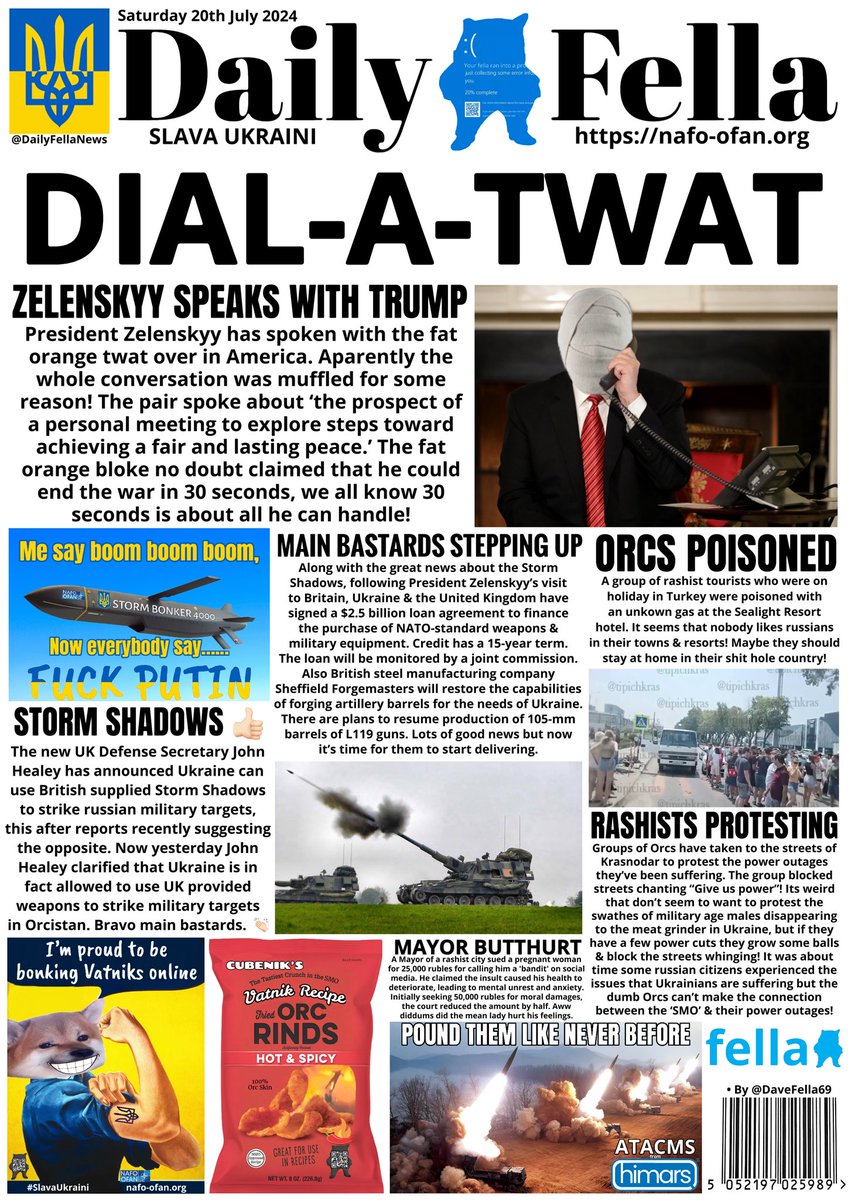 DailyFellaNews's tweet photo. It’s time for your Daily Fella. I’m really sick so it’s not up to my usual standard. 
Read about Zelenskyy speaking to Trump, Storm Shadows use on russian soil approved &amp; the poor russians have been protesting power outages. 

#DailyFella #DailyFellaNews #SlavaUkraini #NAFO https://t.co/eCeLerIzUQ