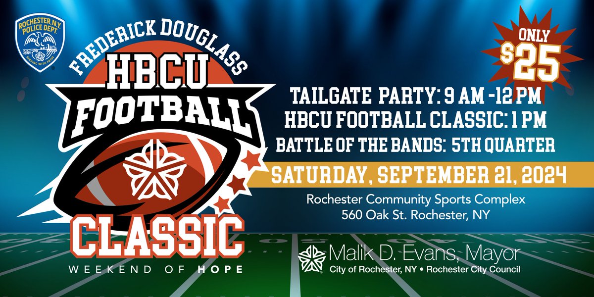 Get your tickets now for the FREDERICK DOUGLASS HBCU FOOTBALL CLASSIC in Rochester, New York, on Saturday, September 21, 2024. Tickets can be purchased  on Eventbrite... eventbrite.com/e/frederick-do…
TEAMS and SPONSORS will be announced next week!