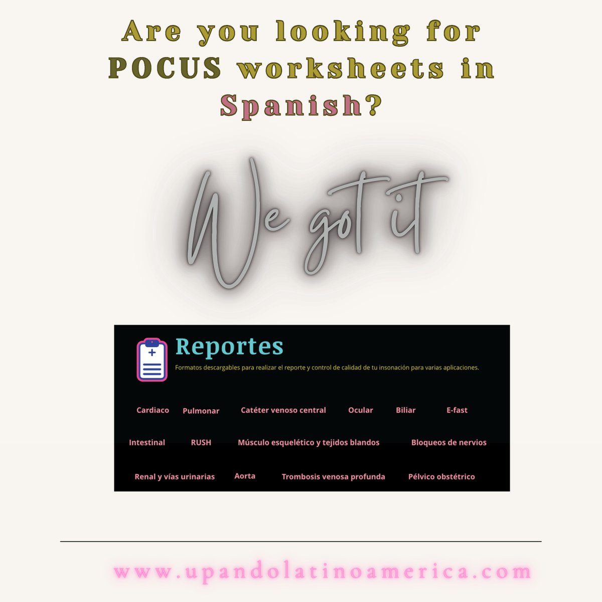 SAEMonline's tweet photo. We've got the documentation you need to build your POCUS program! #POCUS4ALL in Spanish with @UPAndo6

Learn more: https://t.co/IeOJ8lGQf4 https://t.co/zeN3njgVlJ