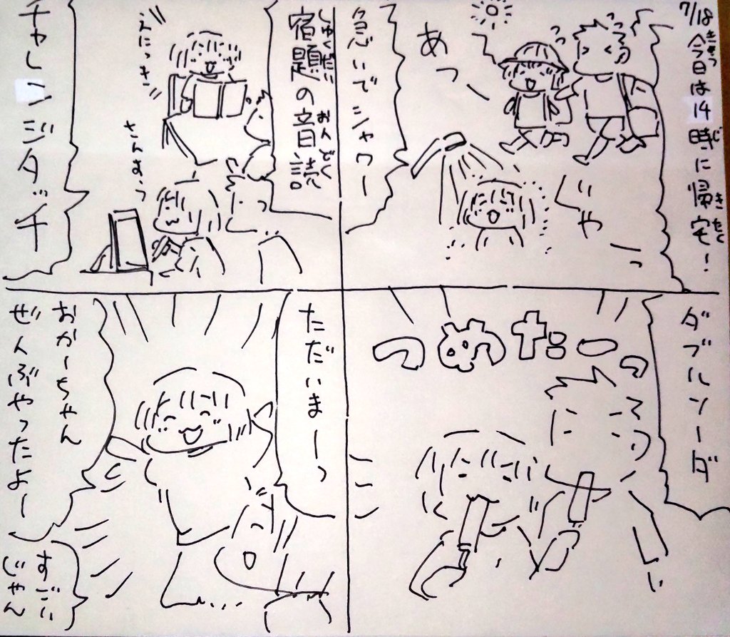 #本日のむすめさん
・市民プールへ行こう
割と近場にあったので行ったらなかなか良かったです!
・お絵かき大会をしよう
夕飯後は希望の遊びをしています、お絵描きスキルがあがっていく!
・帰宅後のルーティン
暑いのでやっぱりシャワーしないときついですね
・夏休み
始まってしまった…!