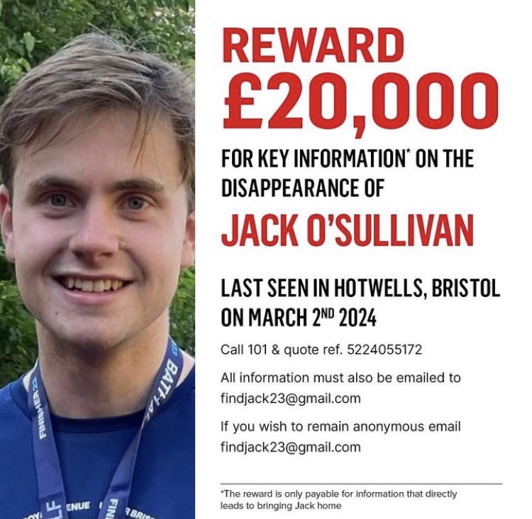 Ali Rose Rees (@aliroserees) on Twitter photo Hi pals. Please can you help raise awareness for this young man #jackosullivan who has been missing in Bristol since March? Please RT or share if possible. ❤️
<a href="/AngieGreaves/">Angie Greaves</a> <a href="/charliepowelldj/">Charlie Powell</a> <a href="/bushontheradio/">Andy Bush</a> <a href="/bigrichinnes/">Richard Innes</a> <a href="/richardallinson/">Richard Allinson💙</a> <a href="/nicksnaith/">Nick Snaith</a> <a href="/ademwaterman/">Adem Waterman</a>
#findjack Hi pals. Please can you help raise awareness for this young man #jackosullivan who has been missing in Bristol since March? Please RT or share if possible. ❤️
<a href="/AngieGreaves/">Angie Greaves</a> <a href="/charliepowelldj/">Charlie Powell</a> <a href="/bushontheradio/">Andy Bush</a> <a href="/bigrichinnes/">Richard Innes</a> <a href="/richardallinson/">Richard Allinson💙</a> <a href="/nicksnaith/">Nick Snaith</a> <a href="/ademwaterman/">Adem Waterman</a>
#findjack