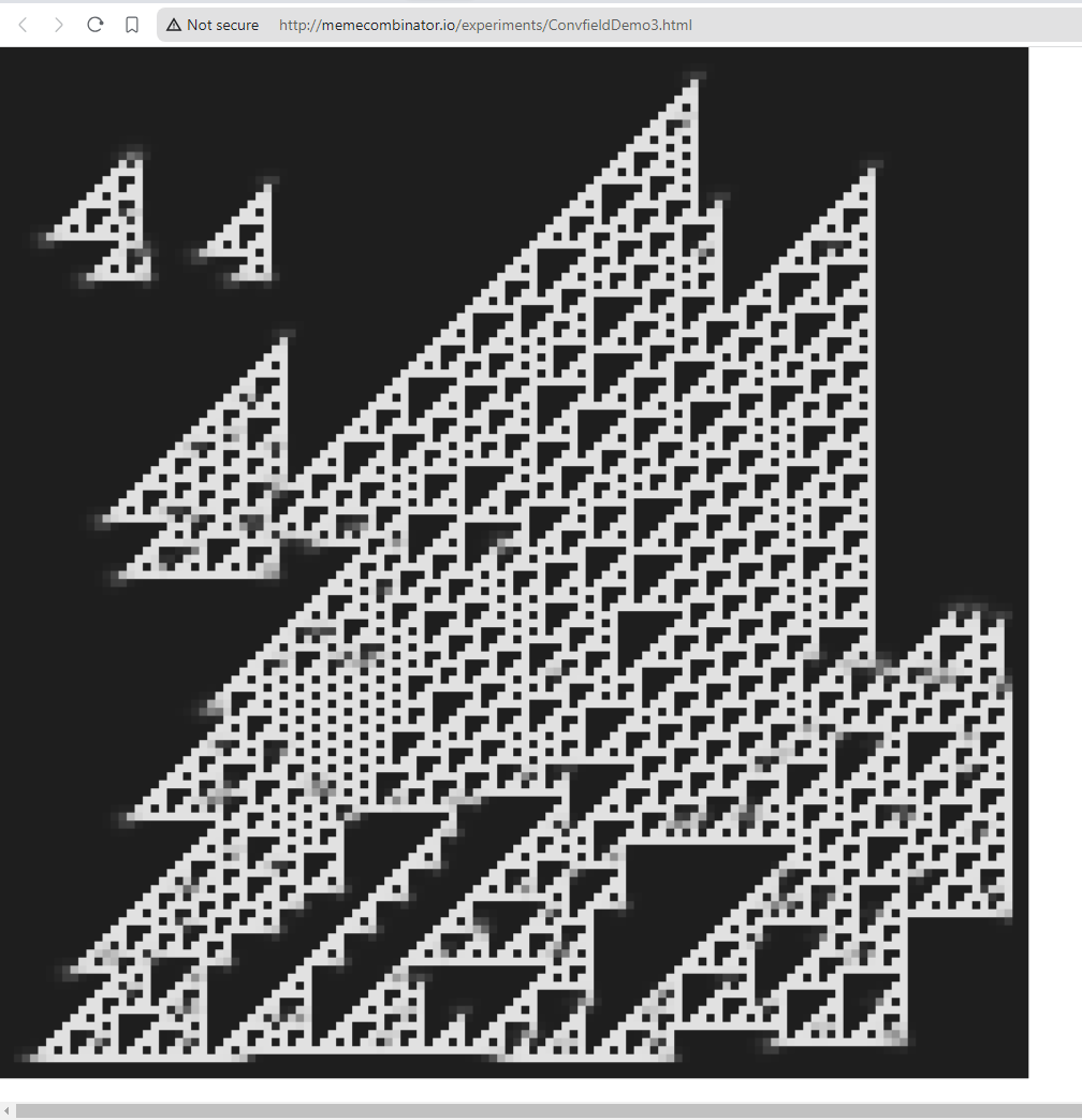 benrayfield's tweet photo. What if... You get a GPU optimized swarm of #Rule110 (a kind of 1d cellular automata, viewed here a 1d space plus 1d time, as a many dimensional scalar field of 1 dimension per pixel, and where it blurs gray is where my turing complete manifold got tangled, bent, stretched, etc https://t.co/WLIC6OXQX6