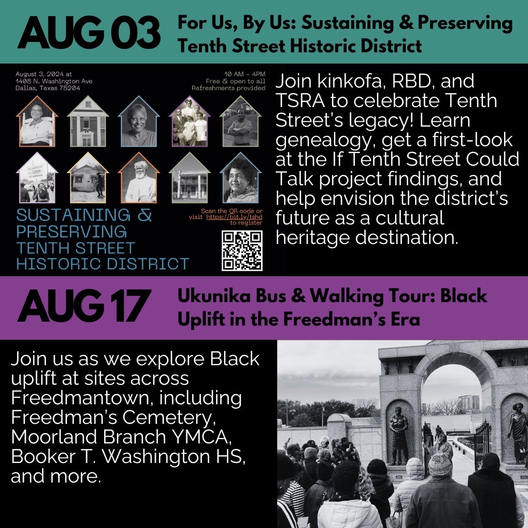 RBDallasHistory's tweet photo. Unfortunately, our July 27 Ukunika Tour: Martyrs &amp; Memory is canceled. We hope to see you for Sustaining &amp; Preserving Tenth Street on August 3rd (see flyer to register) and/or for our LAST Ukunika Tour on August 17th! https://t.co/LLIuhDlEi0 https://t.co/BGT8fCeZx8