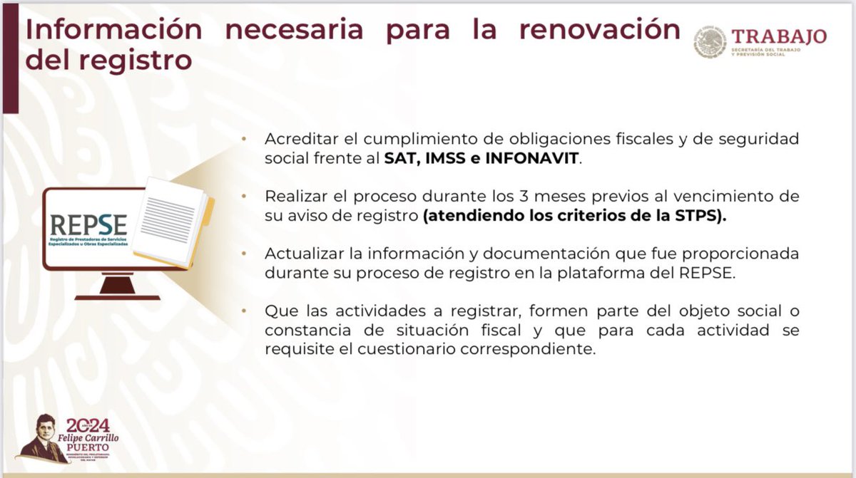 LuisPadronV's tweet photo. Renovación REPSE:

En caso de que las personas físicas o morales no obtengan la renovación de su registro, la @STPS_mx dará inicio al procedimiento de cancelación y la baja inmediata del Padrón Público de Contratistas.

Una vez cancelados, se hará del conocimiento de los clientes vinculados a las razones sociales a las que se les canceló el registro.

🔴Nota Importante:

La cancelación de registro implica que el contratista no podrá seguir operando legalmente hasta que se regularice su situación ante la #STPS.

#LaVozdelFiscalista