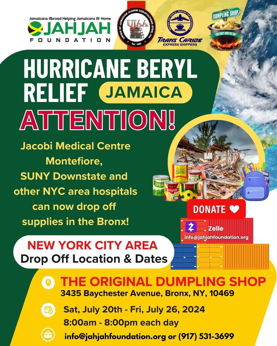 Announcement regarding updated drop-off locations in the Bronx for JAHJAH Foundation’s Hurricane Beryl disaster relief for Jamaica. Please share and spread the word. Let’s do this! ❤️🇯🇲🇺🇸 #Jamaica #HurricaneBeryl