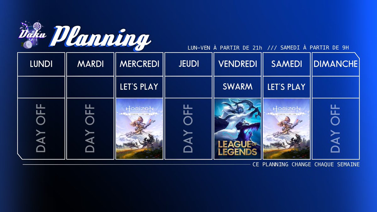 dakusaida's tweet photo. Planning du 22.07 au 28.07
• Mercredi - Horizon Zero Dawn (Let’s Play)
• Vendredi - League Of Legends (Swarm)
• Samedi - Horizon Zero Dawn (Let’s Play
https://t.co/e1CHMI7KRa https://t.co/VWk9VBOf8b
