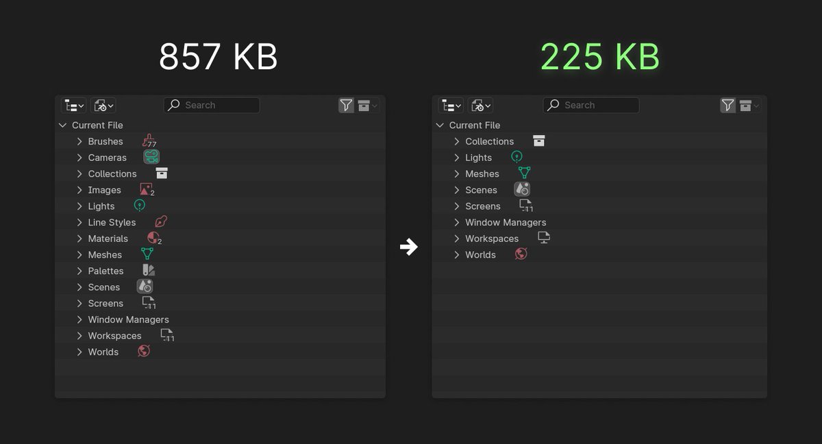 AlanSherba's tweet photo. If you're putting Blender files into source control you might want to prune all the extra bits the default startup file comes with.

Outliner > Blender File https://t.co/1OM2nxyKdB