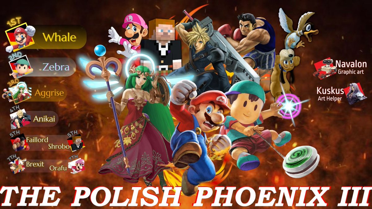 SSB_Szczecin's tweet photo. We are happy to present you The Polish Phoenix III's top 8 of Smash Ultimate Singles graphic!

1st @WhaleSSBU 🇩🇪
2nd @Zebra_GER 🇩🇪
3rd @Aggrise64 🇵🇱
4th @Anikai64 🇵🇱
5th @real_faillord 🇩🇪 &amp; @Shrobo_Ter 🇩🇪
7th @smash_brexit 🇬🇧  &amp; @Orafu0_0 🇵🇱 https://t.co/z1wtVTRJ29