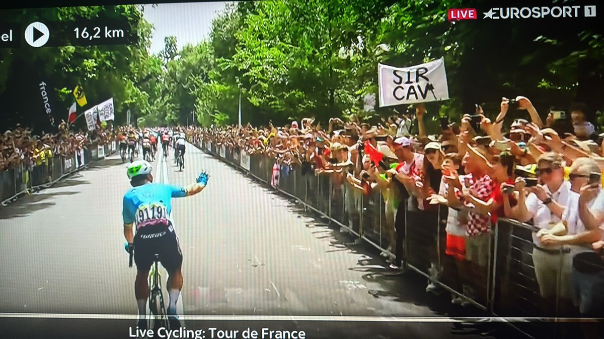 ChrisRason's tweet photo. @AstanaQazTeam @LeTour @MarkCavendish We’ve been to a few stages this year to cheer on Cav in the final Tour having been on the roadside for the whole Cav Epoch. Banner made in Kirkby Lonsdale, acknowledged by the GOAT, it means a lot! Well done champ, a true legend and role model. Thank you for everything https://t.co/DpdHS9DA5S