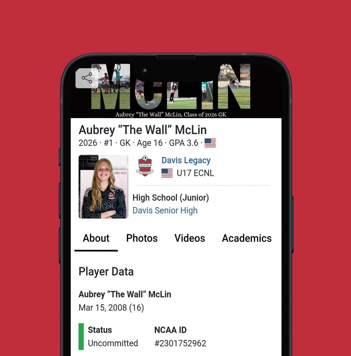 Internespo's tweet photo. 💥Player Spotlight: @AubreyMcLin

⚽️ 2026 · Goalkeeper
🏟️ @davislegacy
📍 Davis, CA

🔗 https://t.co/kVeAXiNS1t

#Coaches: Check out Aubrey’s player profile, she is eager to play at the next level!

#YouthSoccer #GA #ECNL #ECNLGirls #CollegeSoccer https://t.co/qW183goVi5