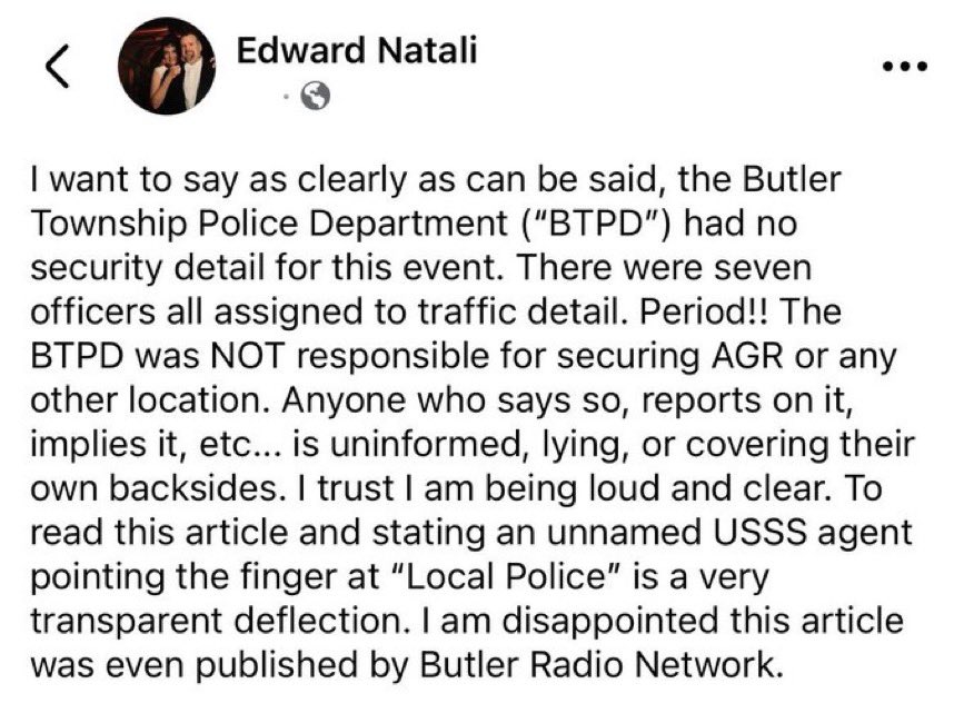 Laura Loomer (@lauraloomer) on Twitter photo NEW:
Edward Natali is the Butler Township commissioner in Butler, Pennsylvania.
In a new Facebook post, he directly calls out lies from the <a href="/SecretService/">U.S. Secret Service</a> Director Kim Cheatle.
Natali says the Butler Township Police Department (BTPD) officers who worked the Trump rally were NEW:
Edward Natali is the Butler Township commissioner in Butler, Pennsylvania.
In a new Facebook post, he directly calls out lies from the <a href="/SecretService/">U.S. Secret Service</a> Director Kim Cheatle.
Natali says the Butler Township Police Department (BTPD) officers who worked the Trump rally were