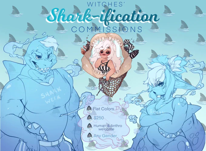   SHARK COMMS  250 • One Week Only • Multi SlotsSummer of the Shark begins! Have any OC (or yourself) transformed into a Sharky version of themselves~ Hip-Up Flat ColoredCOMMENT "CLAIM" BELOW if INTERESTED     R•Ts always appreciated!  