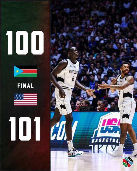 Final Score of Pre-Olympic Friendly:
🇺🇸 United States: 101
🇸🇸 South Sudan: 100

FIBA Ranking (Men's Team)
🇺🇸 # 1
🇸🇸 # 33

Olympic Appearances
🇺🇸 11
🇸🇸 0

How old is the country?
🇺🇸 USA: 248 years        
🇸🇸 South Sudan: 13 years