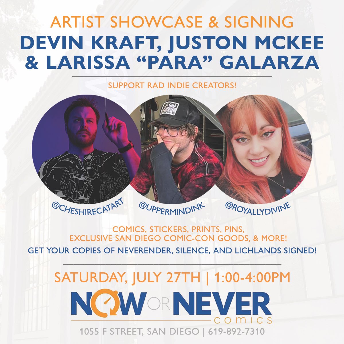 Super stoked to announce that I’ll be signing and selling alongside <a href="/RoyallyDivine_/">RoyallyDivine</a> and <a href="/cheshirecatart/">Follow @devinkraft! Neverender in stores!</a> during #SDCC at the greatest comic shop in the universe: <a href="/NowOrNeverComic/">NowOrNeverComics</a>! SATURDAY, JULY 27TH / 1:00 - 4:00PM! ✨✨✨